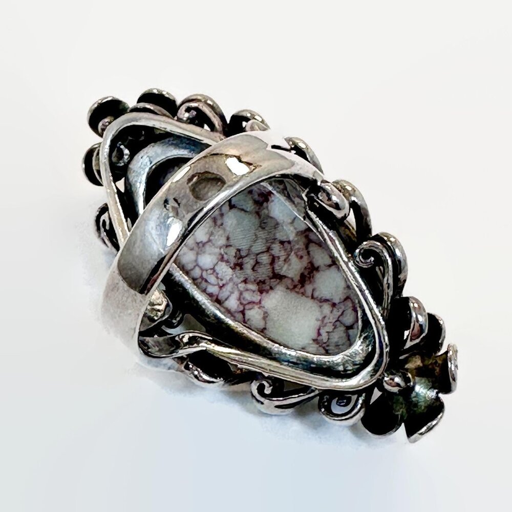 Statement Ring, Wild Horse Turquoise, Sterling Silver, Magnesite, Flowers - Picture 7 of 7